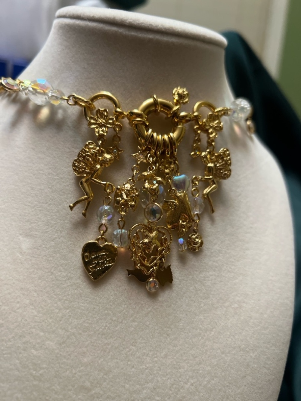 VTG Kirks Folly Fairy Dream Catcher Necklace Fairies Dangling Charms AB Crystals